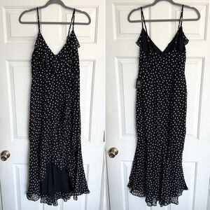 Express black & white polka dot midi dress with ruffle detail